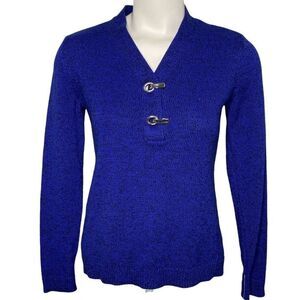 Karen Scott Petite Henley Sweater Top Women's XS Blue Black Hardware-Trim V-Neck